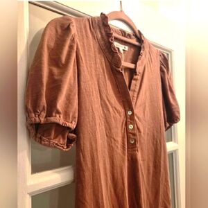 Sundry By "Anthropologie" Puff Sleeve & Ruffled Neckline- LIGHT BROWN!